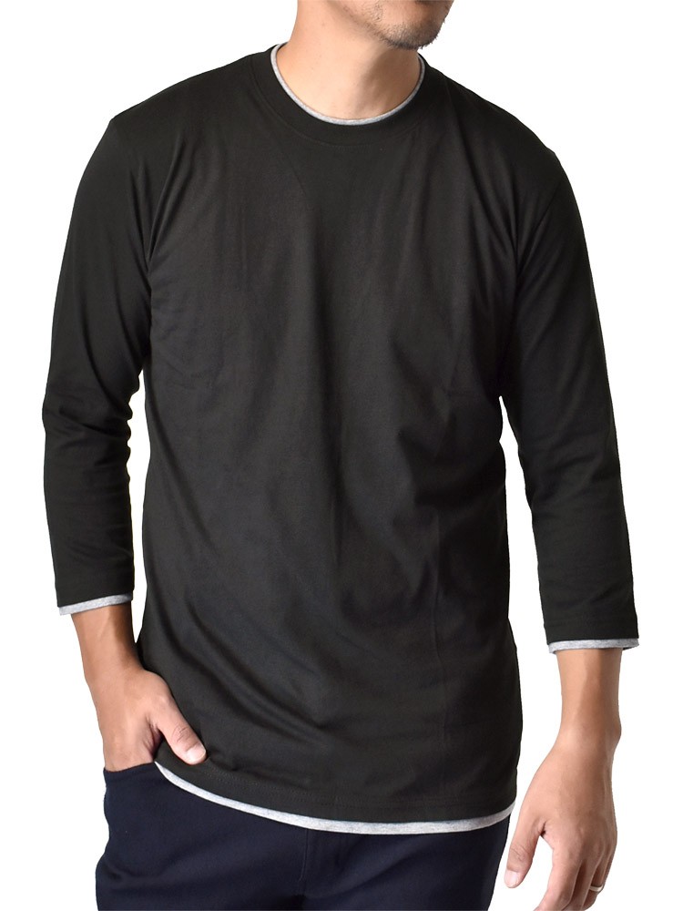7分袖Tシャツ ロンT メンズ ダブルネック 重ね着デザイン フェイクレイヤード 綿 セール｜aruge｜02