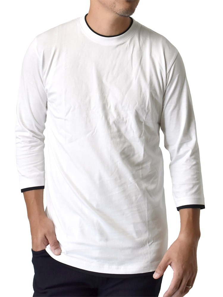 7分袖Tシャツ ロンT メンズ ダブルネック 重ね着デザイン フェイクレイヤード 綿 セール｜aruge｜03