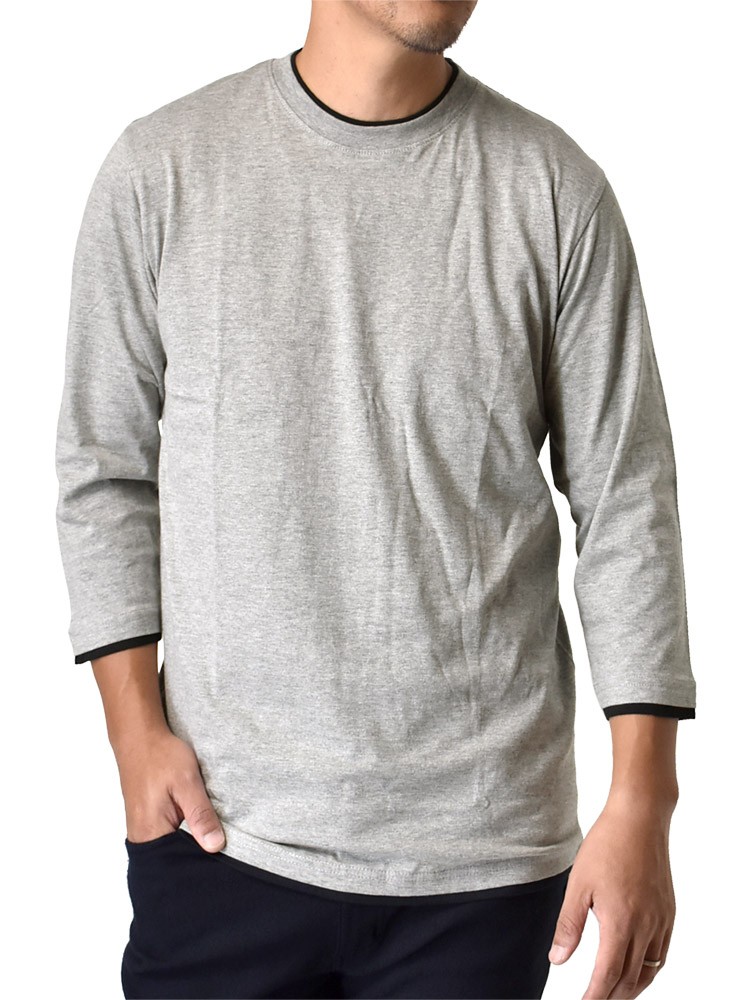 7分袖Tシャツ ロンT メンズ ダブルネック 重ね着デザイン フェイクレイヤード 綿 セール