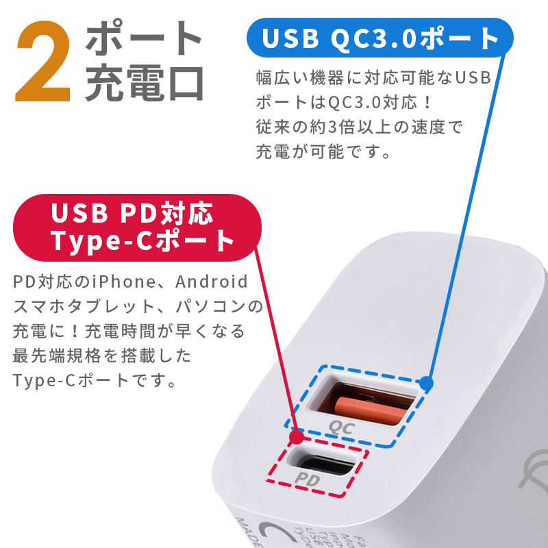 USB Type-C 充電器 タイプCコンセント アダプター PD QC3 20W スマホ iphone 14 13 android 充電アダプター 軽量 急速｜aruz｜04