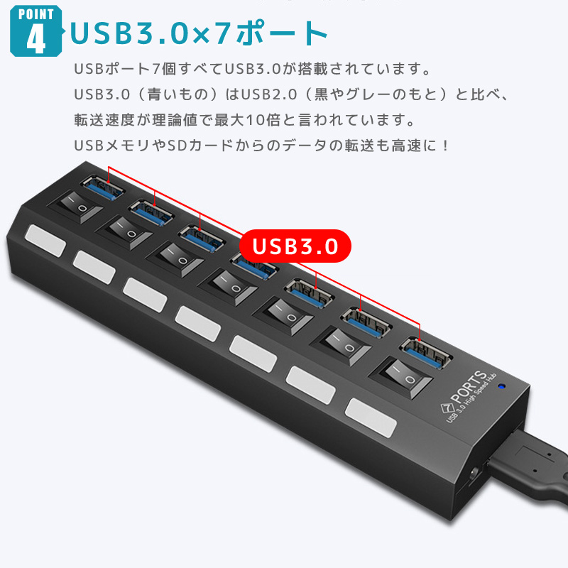 Type-C USB変換ハブ アダプタ 7ポート ハブ Macbook Pro Macbook Air USB-C Thunderbolt3 スイッチ付き USB ケーブル バスパワー iMac Mac mini｜aruz｜08