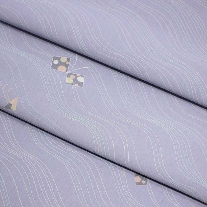 アウトレット テイジン 着物 夏 縮 反物 パープル 蝶々 波縞 ポップ