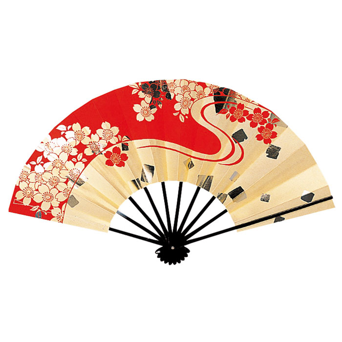 舞扇子 赤 金 切箔 桜 流水 扇子箱付 日本製 日本舞踊 （o舞2244