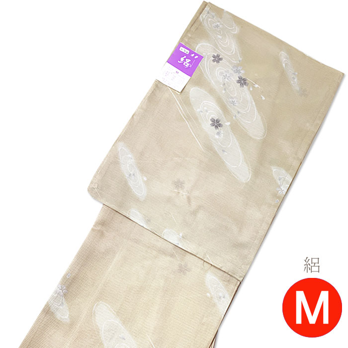 小紋 絽 着物 M きもの 薄ベージュ 桜 水面 洗える着物 洗える 夏用
