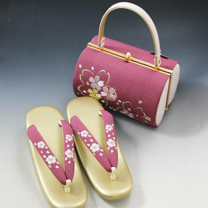 礼装用 高級 草履 バッグ セット 縮緬地梅紫 桜 刺繍 フォーマル
