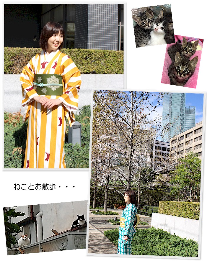 着物女性と猫 セオα夏着物・浴衣（ハチワレ猫（ライトラベンダー）） SAK