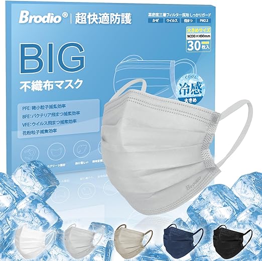 大きめマスク4枚組　No.602 マスク 大きめ 個包装 夏季追加?冷感マスク 不職布 カラー「プリーツ型