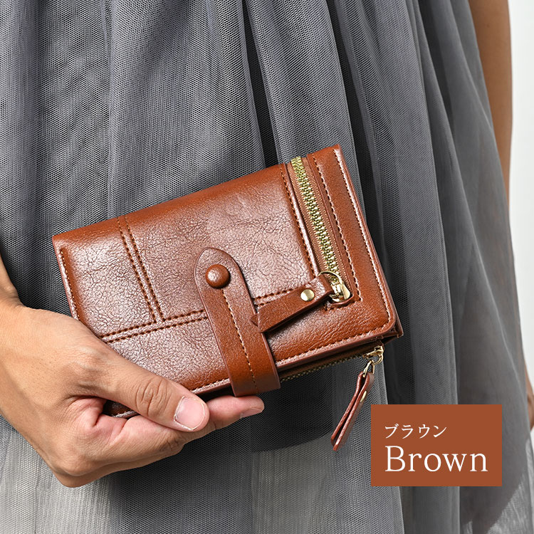 財布 レディース 二つ折り かわいい ベルト付き 軽量 おしゃれ 二つ折り財布 大容量 カード たくさん入る ファスナー レザー 革 グリーン 小銭入れ コンパクト |  | 03