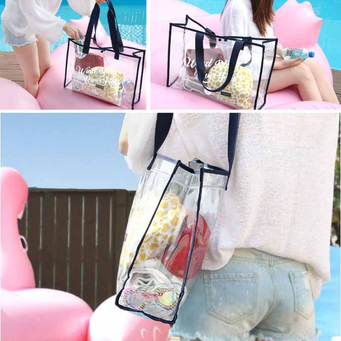 プールバッグ 透明 クリア ビニールバッグ レッド ビーチバッグ クリア