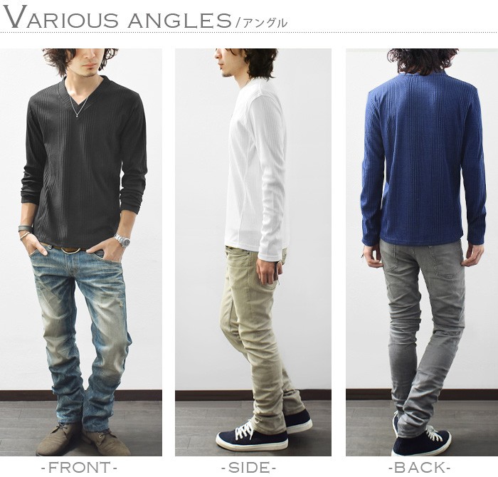 Tシャツ メンズ 長袖 Vネック 無地 カットソー ランダムテレコ ロングT