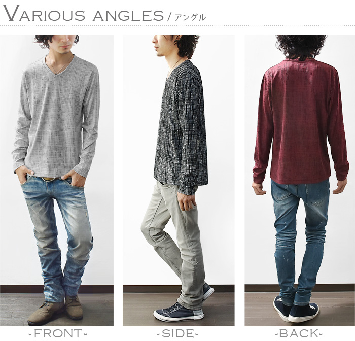 チェック柄 シャツ ディープVネック 綺麗め ショート丈 メンズ カットソー メンズ 長袖 Vネック Tシャツ 総柄 チェック