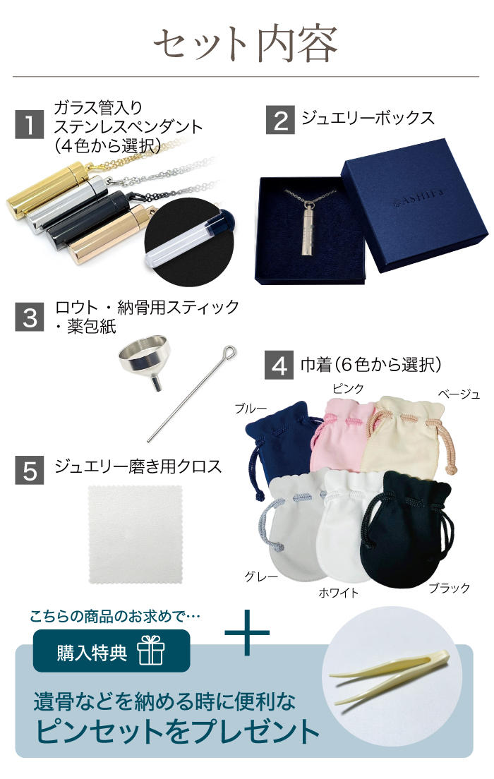 セット内容【ガラス管付】ステンレス 遺骨ペンダント 全4色 3行刻印 