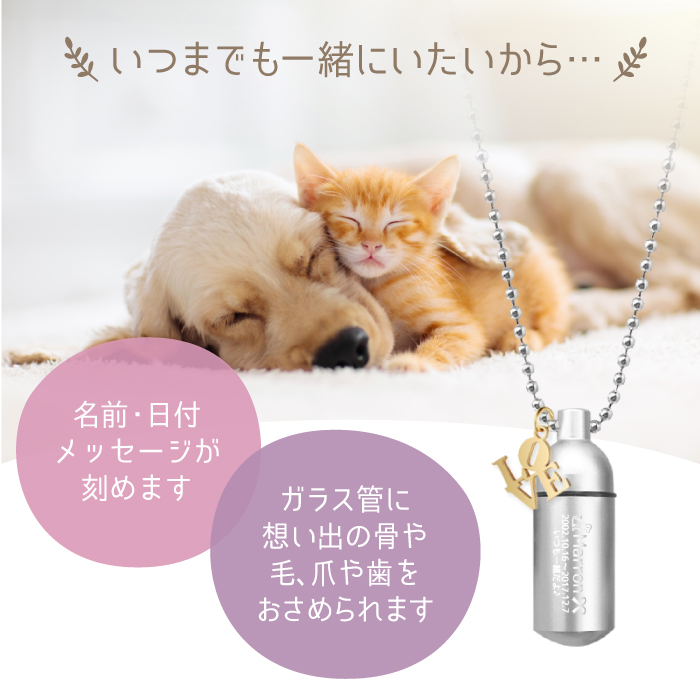 いつまでも一緒にいたいから チャーム付き フォトボックス付き 遺骨カプセル ペット 刻印 ペットロスカプセル 