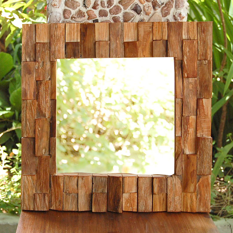 ミラー 壁掛け 木製 フレーム 木枠 正方形 チークウッド ナチュラル M 