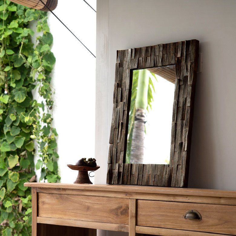 鏡 壁掛け 木製 フレーム 長方形 チークウッド ブラウン Lサイズ