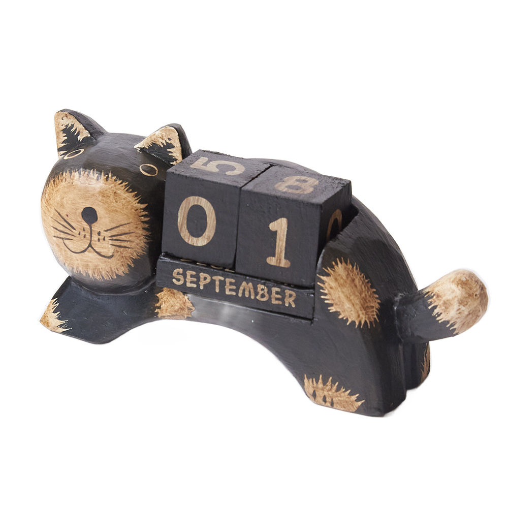 バリネコ オブジェ 置物 バリ島 猫の置物 万年カレンダー 木製