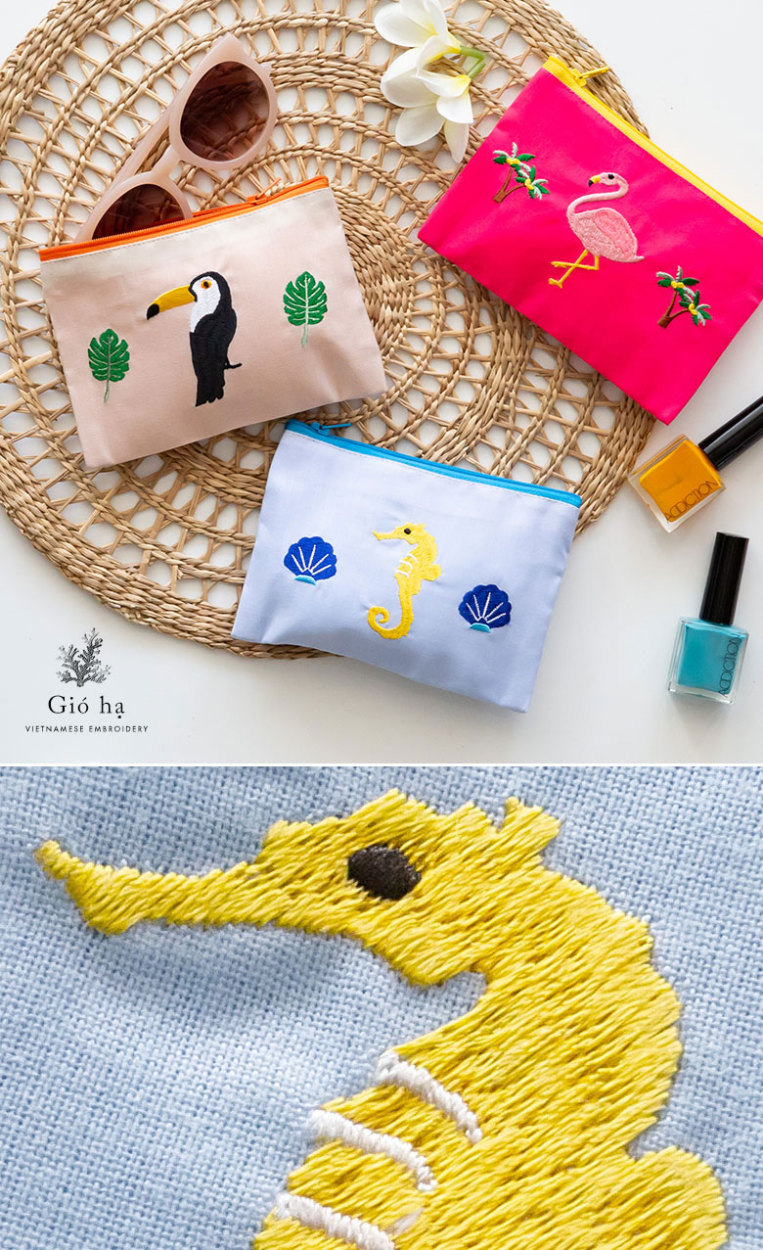 メール便対応 ポーチ トロピカル 南国 ベトナム 刺繍 約 W 16cm D 11cm