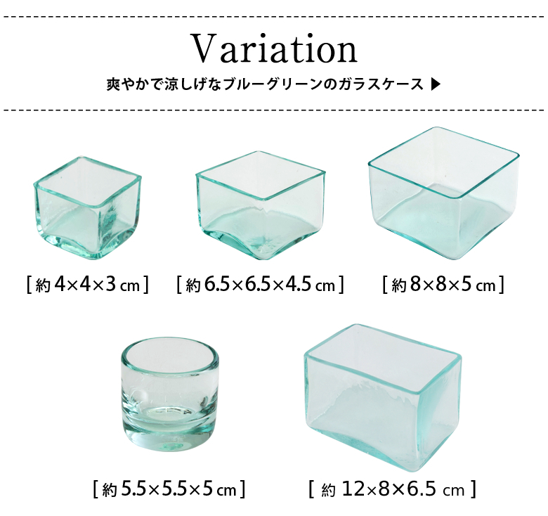 ブルーグリーンのガラスケースのラインナップ