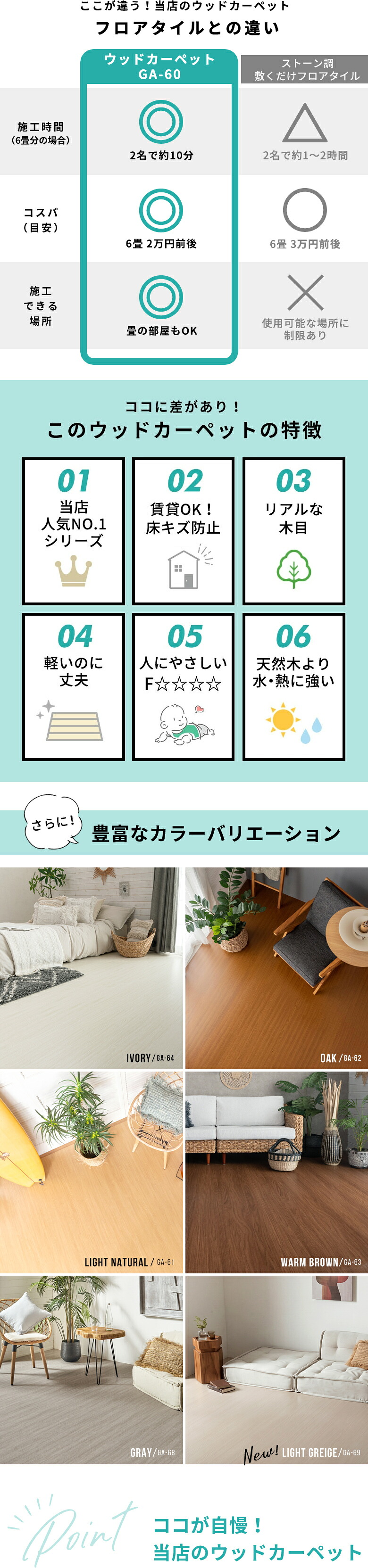 おすすめポイント。賃貸OK。リアル木目。軽いのに丈夫。人にやさしい。
