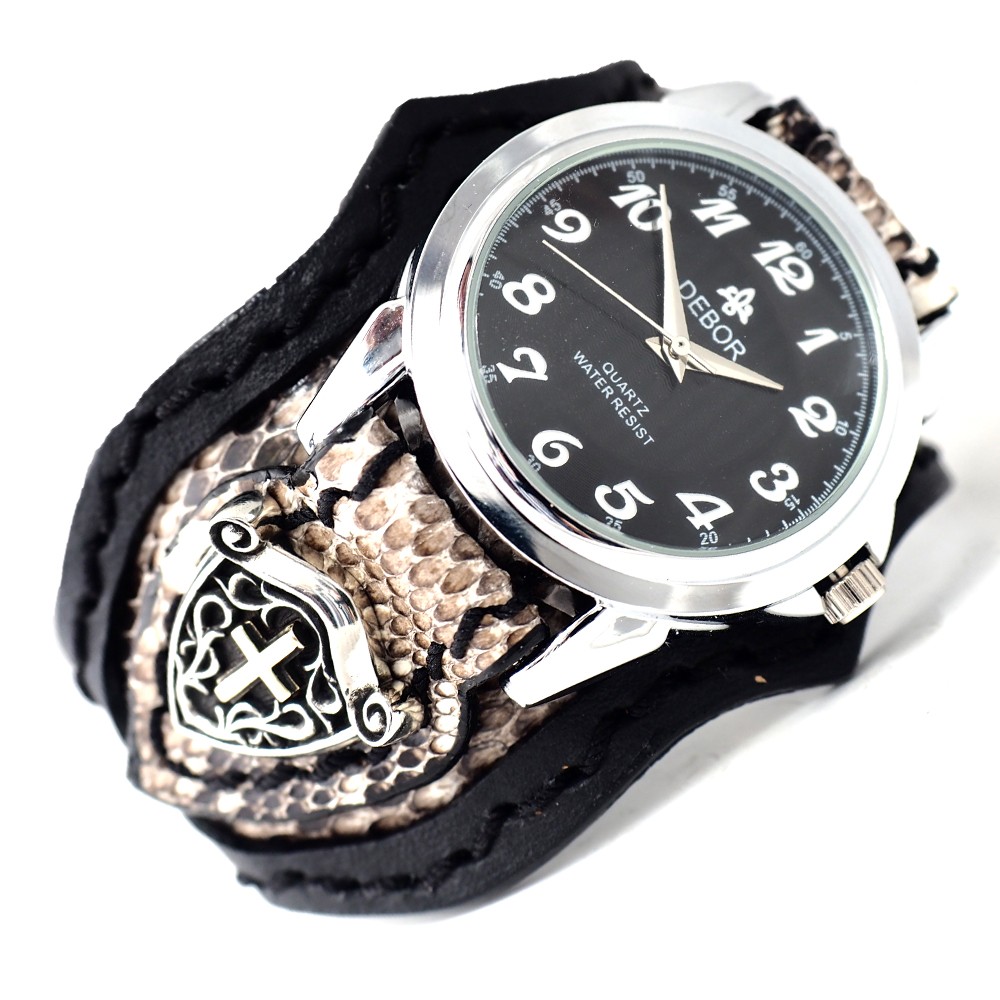 時計 メンズ 腕時計 レザーブレスレットウォッチ 牛革ベルト ヘビ革 ダイヤモンドパイソン スカル 百合 クロス｜asianarts｜02