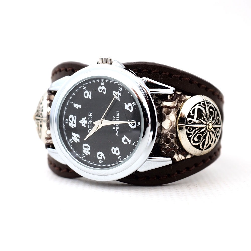 時計 メンズ 腕時計 レザーブレスレットウォッチ 牛革ベルト 本物ヘビ革 ダイヤモンドパイソンスキン コンチョ