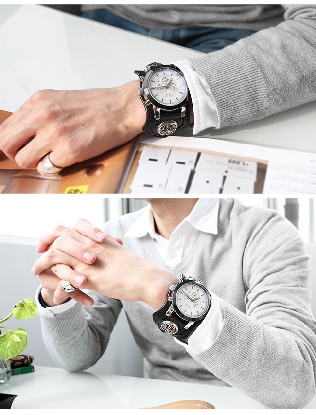 時計 メンズ 腕時計 レザーブレスレットウォッチ クロノグラフ 本革