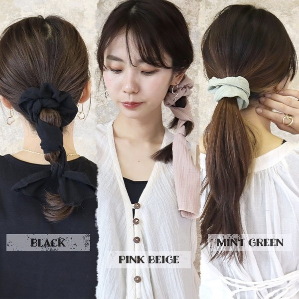 ヘアアクセ ❣️大人可愛い❣️カボション付きリボン ハンドメイド 372 シュシュ リボン 大人 リボン付きコットンシュシュ 綿100％ 取外し可