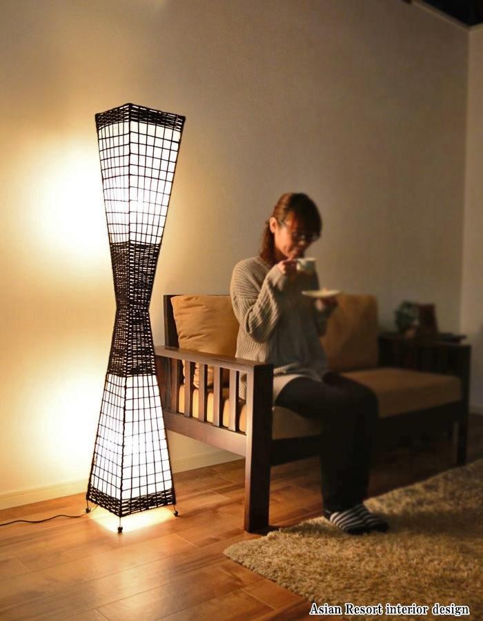 フロアライト フロアランプ ラタンくびれ アジアンランプ スクエア LAM