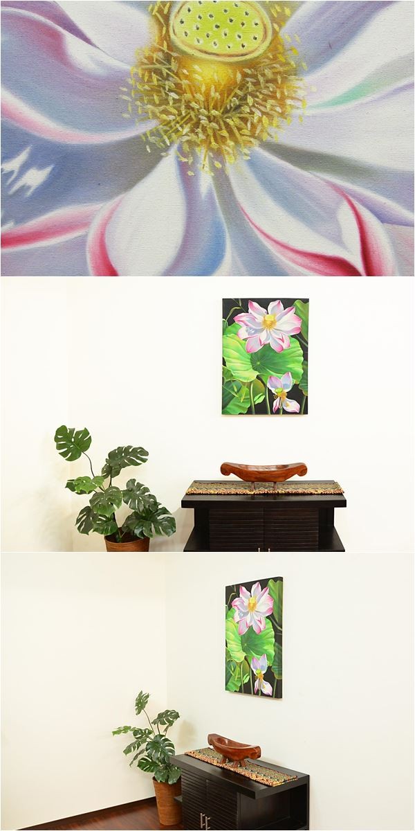 バリ絵画 壁掛け ロータス 蓮の花の絵 3 Pak sill 作 PIC-0074-3
