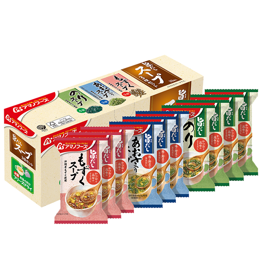 フリーズドライ 旨だし 海藻スープ3種類10食詰め合わせセット アマノフーズ もずく あおさ のり インスタント 即席 朝食 昼食 ランチ 夕食 夜食 常温 非常食 保存食 便利 手軽 自宅用 お試し