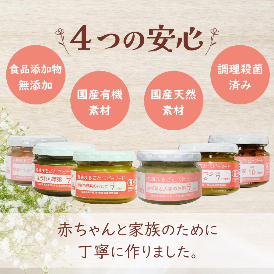 有機まるごとベビーフード 7ヶ月・10ヶ月頃から 6種類12食詰め合わせセット 有機JAS認定 無添加 7倍粥 5倍粥 国産 離乳食 初期 中期 後期 完了期 ギフト プレゼント 贈り物 出産祝い 誕生祝 バースデー お返し 常温 赤ちゃん 母の日 カーネーション シール