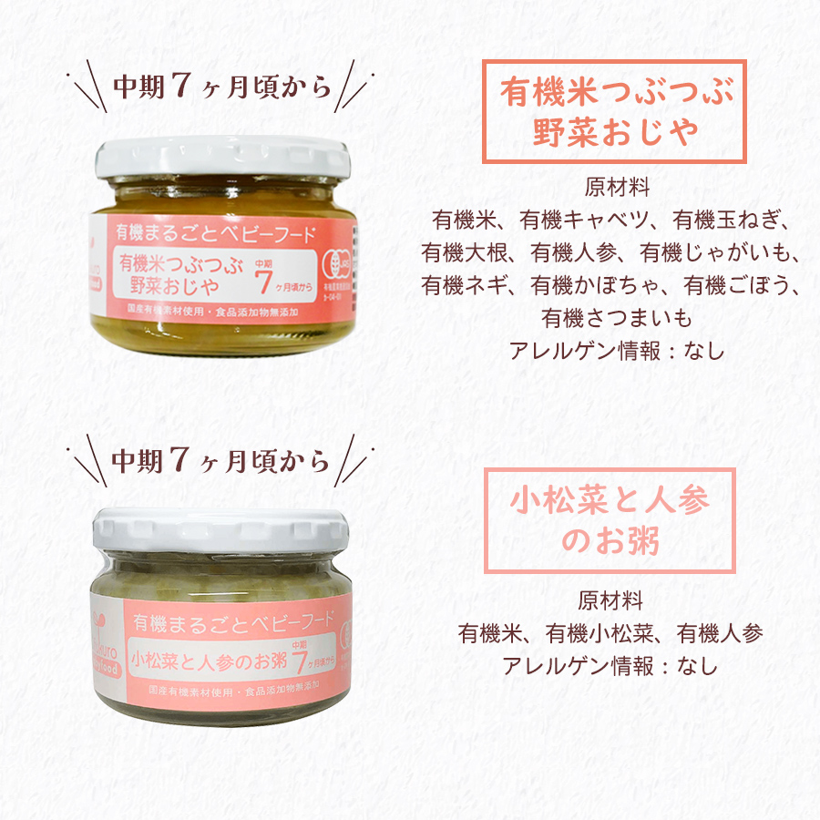 有機まるごとベビーフード 7ヶ月・10ヶ月頃から 6種類12食詰め合わせセット 有機JAS認定 無添加 7倍粥 5倍粥 国産 離乳食 初期 中期 後期 完了期 ギフト プレゼント 贈り物 出産祝い 誕生祝 バースデー お返し 常温 赤ちゃん 母の日 カーネーション シール