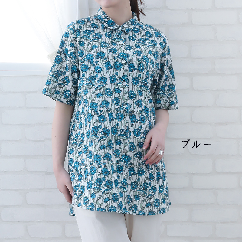 indigo チュニック レディース 夏 花柄 40代 50代 5分袖 Aラインインド