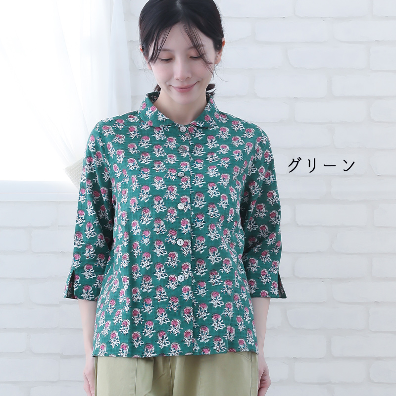 indigo ブラウス レディース 七分袖 40代 50代 春 夏 花柄 ゆったり