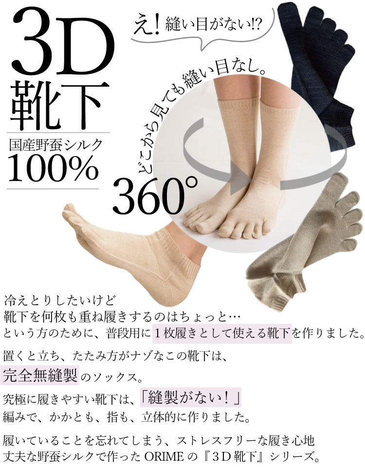 冷え取り靴下 3D ソックス 5本指 ショート丈 Yasan シルク 100% (1枚 