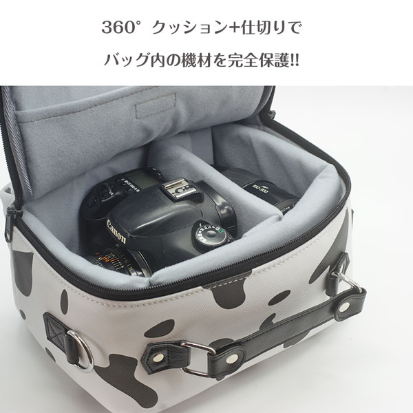 送料無料】カメラ + 1レンズ 可愛い牛柄の カメラバッグ 一眼レフ