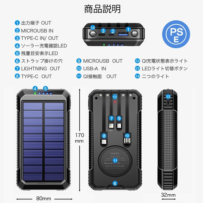 モバイルバッテリー 大容量 40800mAh ソーラー充電 ケーブル内蔵 4台 