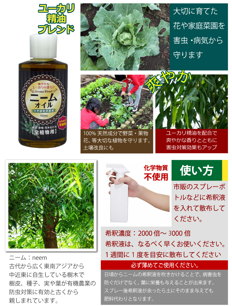 ニームオイル ユーカリブレンド 100ml 天然植物保護液 虫除け 無農薬 土壌改良 害虫駆除 害虫対策 バラ 薔薇 ハーブ 虫除け園芸用 ニームオイル原液 |  | 01