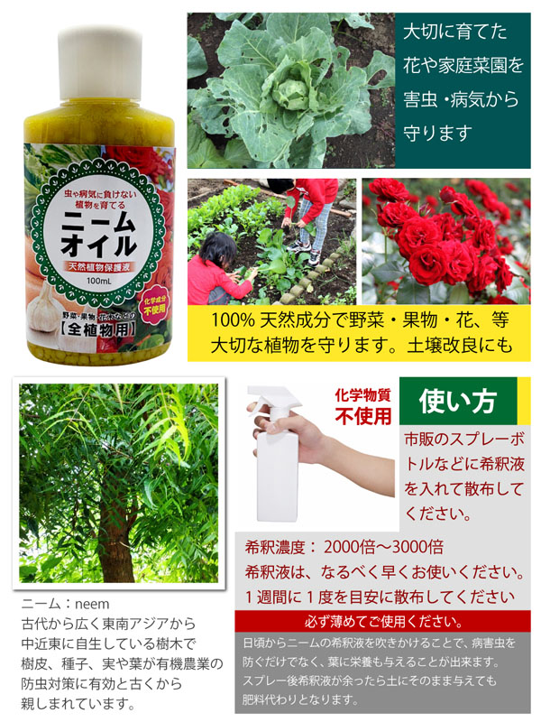 ニームオイル 100ml 天然植物保護液 虫除け 無農薬 害虫駆除 害虫対策 バラ 薔薇 ニームオイル原液｜asobi｜02