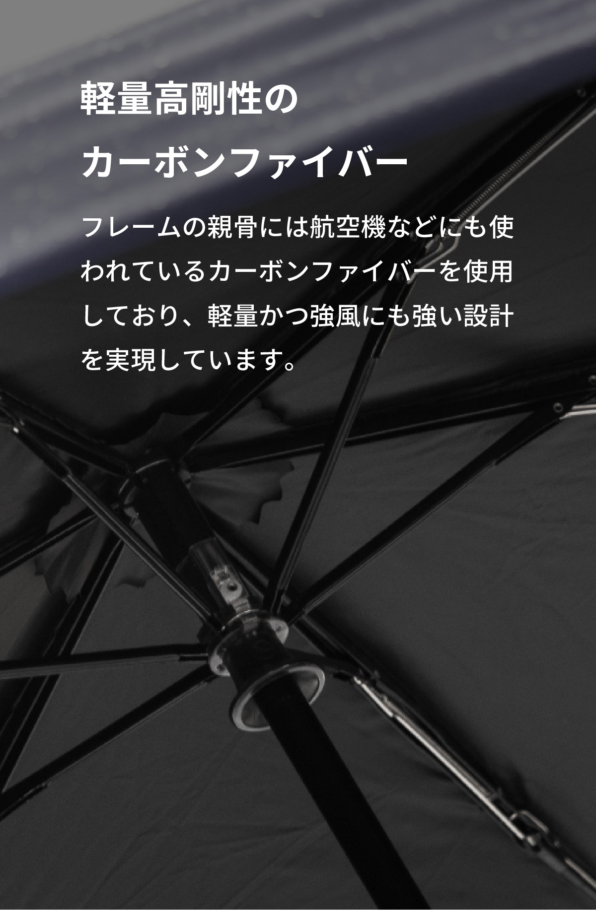 軽量高剛性のカーボンファイバー フレームの親骨には航空機などにも使われているカーボンファイバーを使用しており、軽量かつ強風にも強い設計を実現しています。