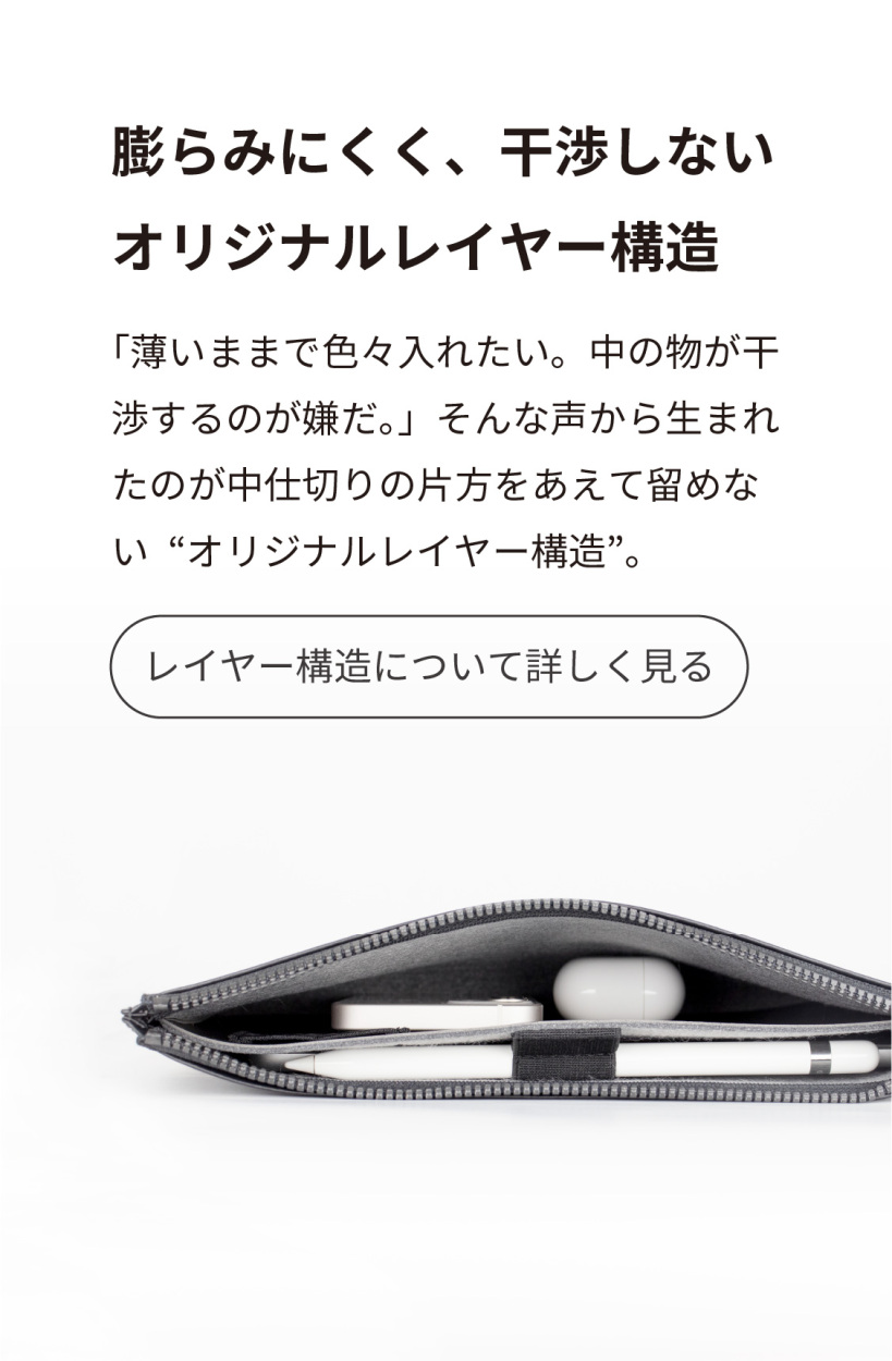 膨らみにくく、干渉しないオリジナルレイヤー構造。Apple Pencil専用のペン差しをそれぞれのサイズにデザイン。使いやすさに、とことんこだわりました。