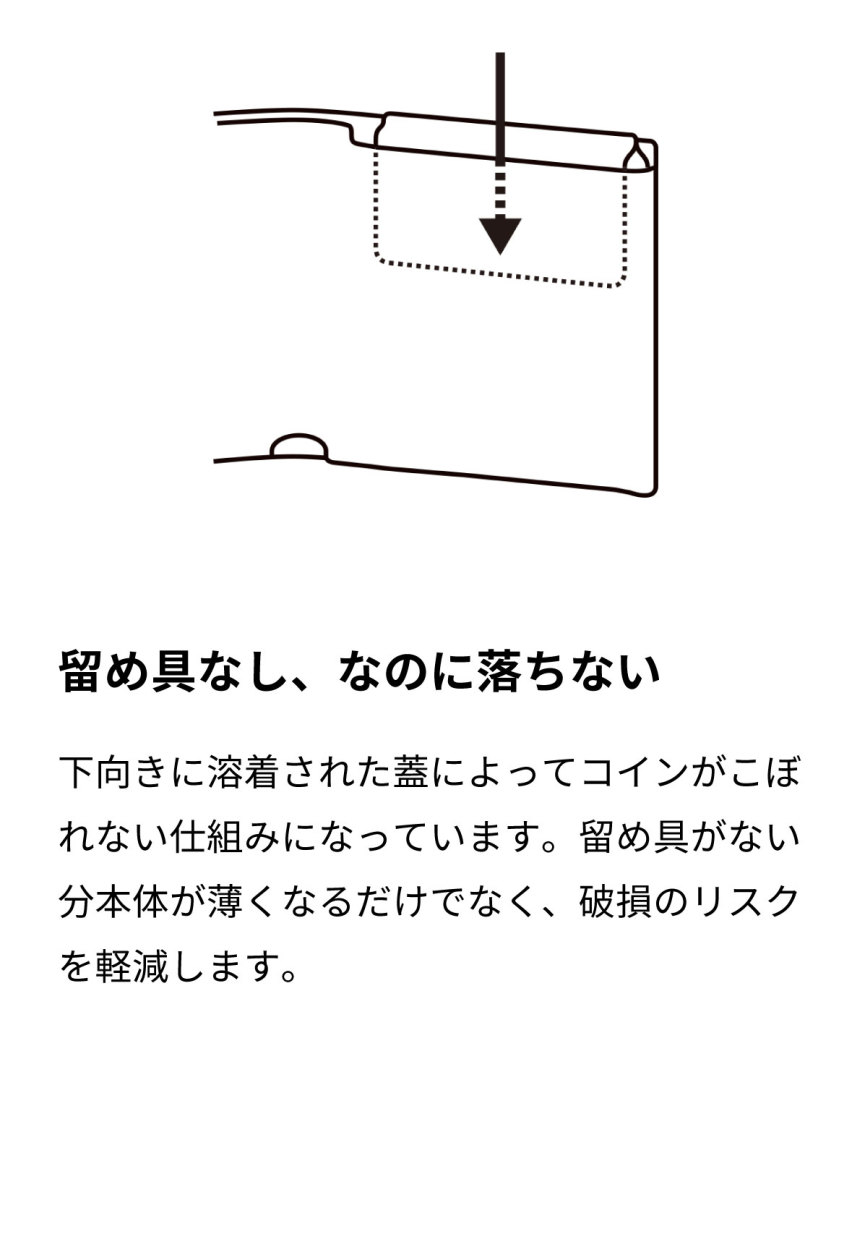 一列に並ぶコインコイン収納は浅めに設定され、自然に一列に収まります。指先を底まで届かせる必要がないため、取り出しがスムーズ。