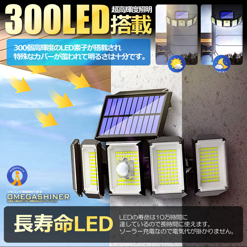 300LED搭載 5面式 ソーラーライト リモコン搭載 人感 光センサー 防水 屋外 センサーライト 照明 ガーデン 庭 玄関 遠隔操作 OMEGA300｜aspace｜06
