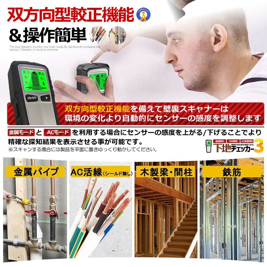 5個セット 下地チェッカー3 壁裏 センサー探し 5in1 一台三役 高精度 双方向較正 木材 金属 間柱 AC線 鉄筋 DIY 使いやすい バックライト 警告器 MKTH430 |  | 05