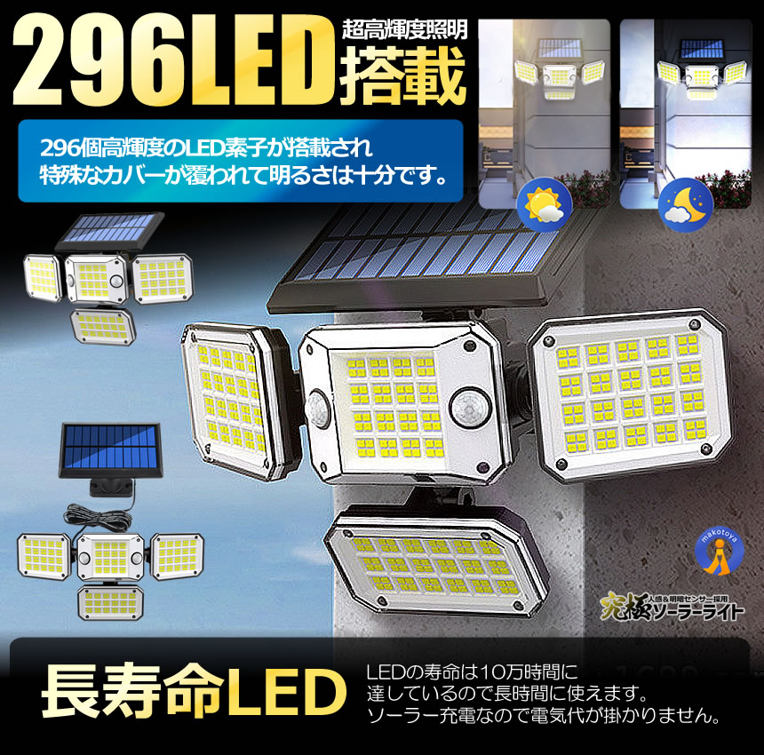 2個セット 296LED センサーソーラーLEDライト ガーデンライト 4面式 究極ライト 屋外 明るい 庭 照明 人感センサー 防水 広角 リモコン 296LED |  | 05