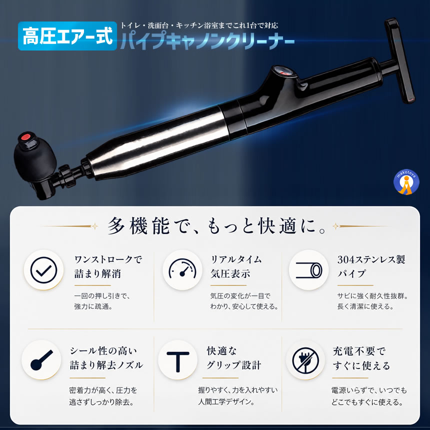 高圧エアー式 パイプクリーナー 排水管つまり解消器 強力エアポンプ 304ステンレス製 圧力計付き PAICANON 関連画像3