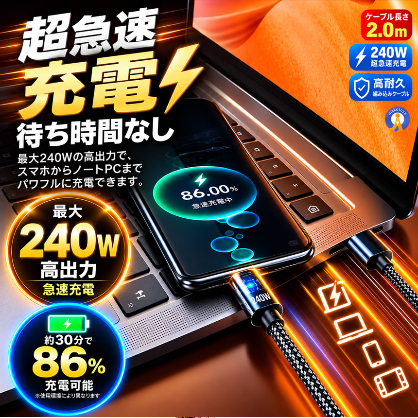 USB Type-C 超高速 充電ケーブル スマホ 超急速充電 高耐久 ナイロン