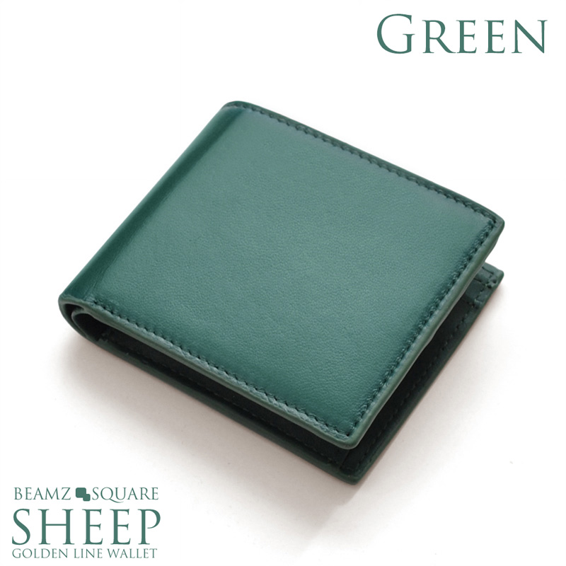 【サマーセール】ADMJ ★二つ折り財布 オリーブグリーン シープスキン 二つ折り財布 BEMAZ SQUARE 短財布 ゴールドライン 開運