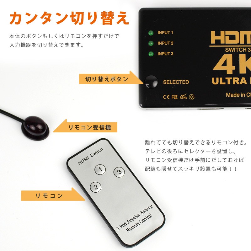 HDMI セレクター 4k 1入力 切替器 切り替え リモコン