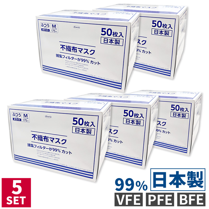 マスク 不織布 50枚入り 5箱セット 興和 日本製 ふつう Mサイズ 大人用
